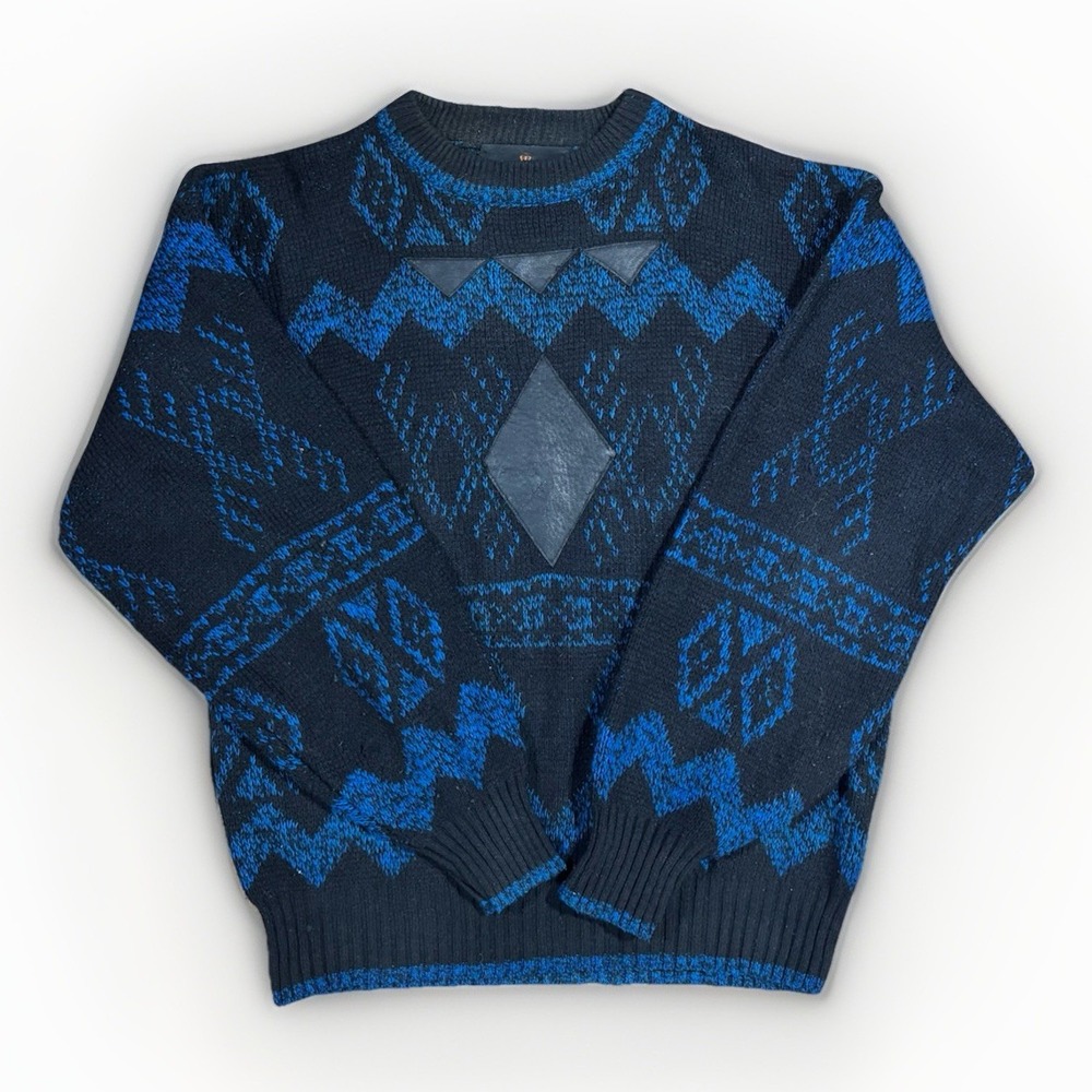 Vintage RAF Sweater Aztec Style Leather Blend Men's Size LARGE Blue Black